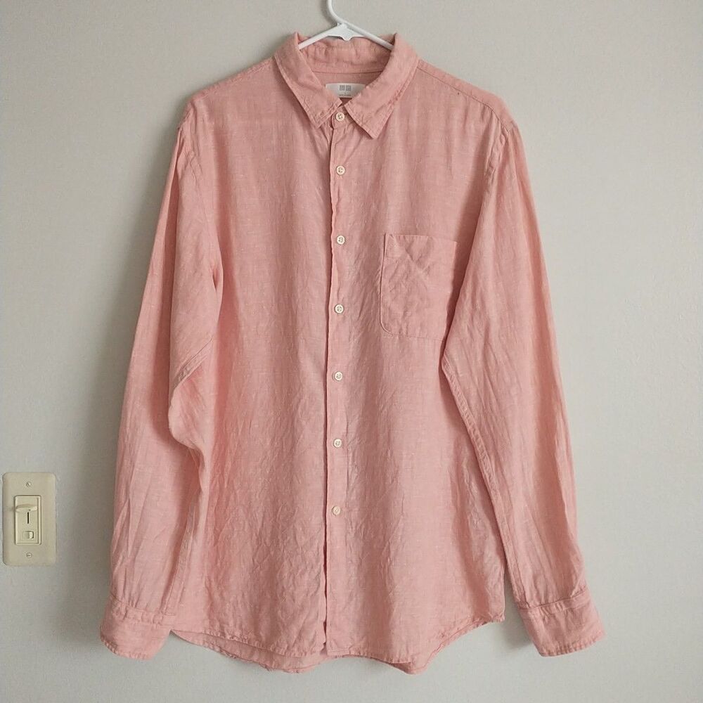 Uniqlo Button Up Shirt Mens L Pink 100% Linen Long Sleeve Preppy Casual